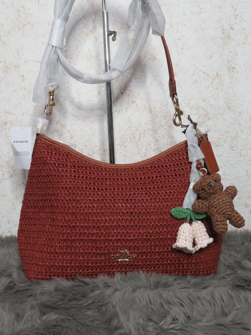 Coach Straw Laurel Shoulder Bag with Charms (Russet) - NWT (CES23)